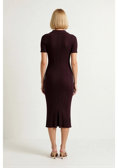 Benerly Kadın Polo Yaka Kısa Kollu Midi Elbise Triko Kumaş Bodycon Kesim Mürdüm