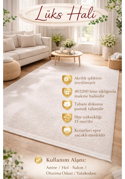 Lüks Kabartma Dokulu Gold Detaylı Sanatsal Halı - Premium Salon Ve Oda Halısı Bej