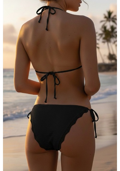 Veraura Lifestyle Kadın Siyah Pedli Bel Ve Boyundan Bağlamalı Dantelli Şık Bikini Takımı