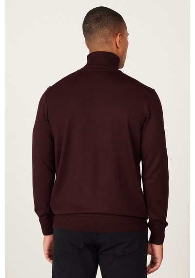 Erkek Bordo Standart Fit Normal Kesim Tam Balıkçı Yaka Triko Kazak Bordo