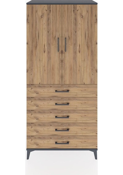 Hyperion Dolap Tek Raflı 5 Çekmeceli Tek Askılı 88x44x195 Antrasit-çam Antrasit