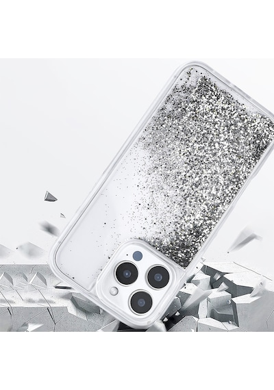 Goocamp Apple iPhone Uyumlu 14 Pro Max Kılıf Sıvılı Simli Şeffaf Arka Yüzey Keto Silikon Kapak - Siyah