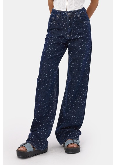 Kadın Mavi 1w6-7 Wide Leg Puantiyeli Denim Jean