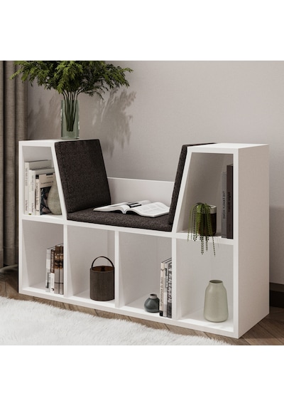 Livora Minderli Kitaplık - Oturma Alanlı 103 Cm Minimalist Tasarım Beyaz