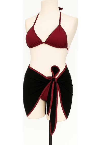 Moda Dua Kadın Bordo Siyah Pareolu Yandan Ve Boyundan Bağlamalı 3'lü Bikini Takımı