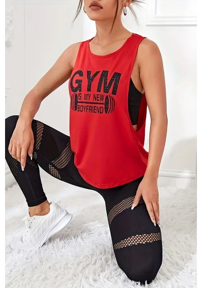Ghassy Co. Kadın Gym Baskılı Nefes Alabilen Fitness Yoga Koşu Kolsuz Spor Atlet Kırmızı