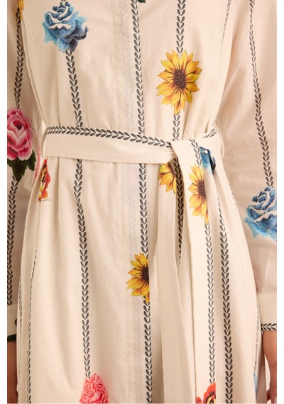 Aker Çicek Desenli Cotton Gömlek Elbise Ekru Ekru