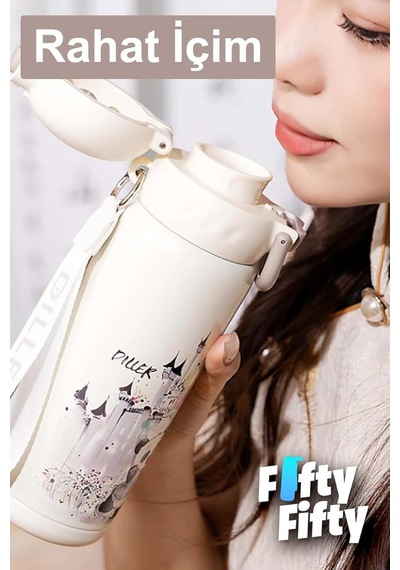 Dıller 600 Ml Tek Kapak Çift Kullanım Pipetli/pipetsiz Taşıma Kulplu Vacum Cup/çelik Termos -ff