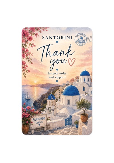 Santorini Temalı Thank You Kartı 8x5 Cm Sipariş Teşekkür Kartı Paket Içi Not Kartı 100 Adet - Bej - 052