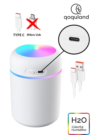 Şarjlı H2o 300 Ml Ultrasonik Hava Nemlendirici Ve Aroma Difüzörü Type C Girişli