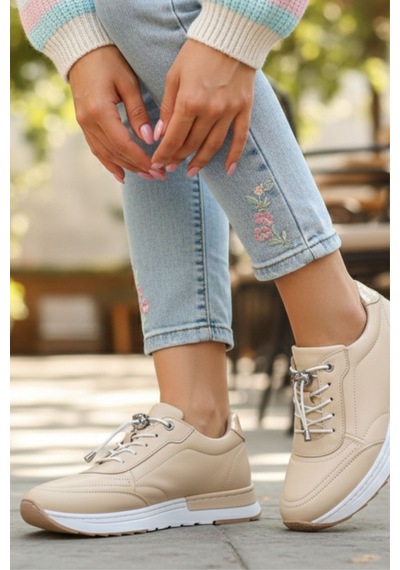 Napa Shoes Hakiki Deri Hızlı Bağcıklı Ortopedik Taban Spor Ayakkabı Napa-383 Bej