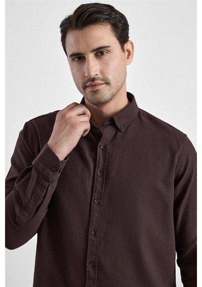 Süvari Koyu Kahve Slim Düğmeli Yaka Düz Casual Gömlek Gm2008000264-kh9