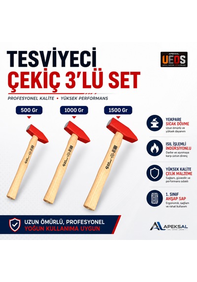 Tesviye Çekici 3'lü Set Ahşap Saplı Dövme Çelik 500 Gr, 1000 Gr, 1500 Gr Çekiç