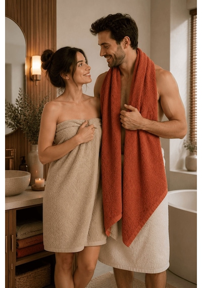 2'li Jakarlı Büyük Boy Banyo Havlusu 90x150 Cm %100 Pamuk Lorea 650 Gr Kiremit-bej