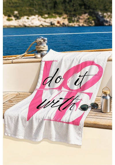 Love Yazılı Pembe Beyaz Plaj Havlusu - Modern Tipografik Romantik Hızlı Kuruyan Mikrofiber Havlu Keten Dalgası