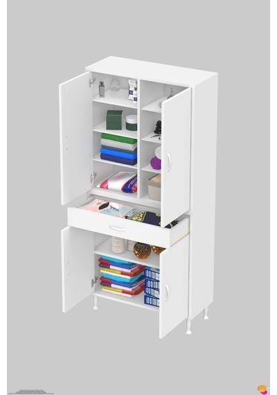 Yeni Afra 75 Cm 4 Kapaklı 10 Raflı Ve Çekmeceli Çok Amaçlı Banyo Dolabı 75 Cm