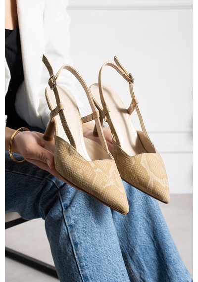 Dabab Shoes Snape Kadın Bej Yılan Desenli Sivri Burun 7 Cm Topuklu Slingback Ayakkabı
