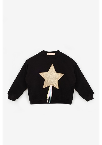 Le Mabelle Siyah Yıldız Nakışlı Kurdele Detaylı Uzun Kollu Kız Çocuk Sweatshirt Siyah