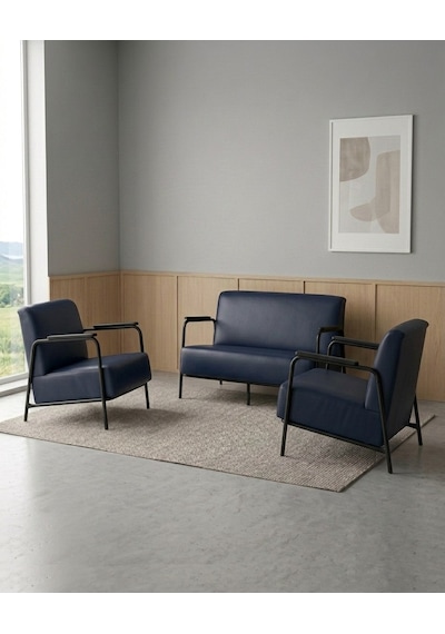 Atlas 2+1+1 Deri Ofis Modern Bekleme Koltuk Takımı Siyah Metal İskelet - Lacivert