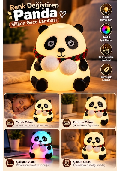 Yatak Odası Çocuk Odası İçin Renk Değiştiren Panda Silikon Gece Lambası - Lisinya Siyah