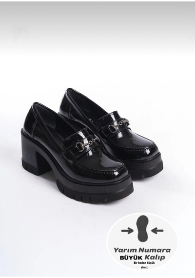 Dabab Shoes Chonora Kadın Siyah Rugan Zincir Detaylı Kalın Taban Topuklu Loafer