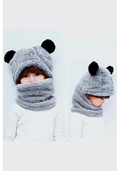 Bundera Panda Çocuk Kapşonlu Peluş Bere Atkı Welsoft Boyunluk