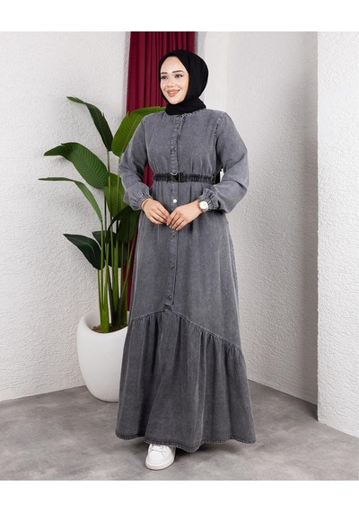 Hb Harma Time Butik Kadın Düğmeli Kuşaklı Denim Koyu Gri Kot Elbise