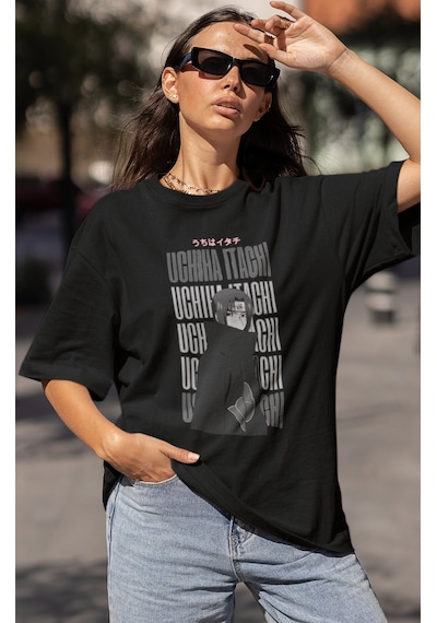 Sevbano Tasarım Uchiha Itachi Baskılı Unisex Oversize Naruto Anime Dizi K Siyah