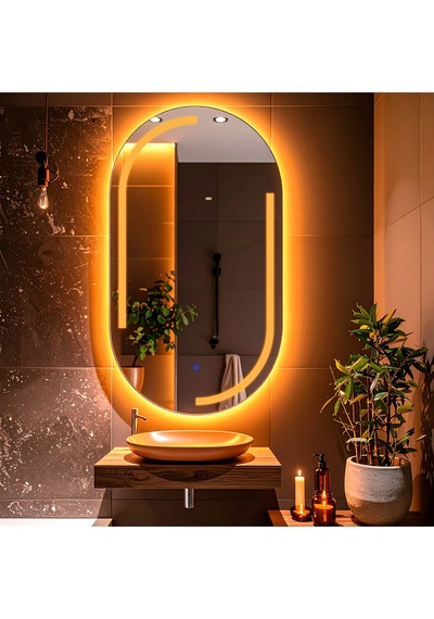 Lunare Amber Led'li Lazer Kumlamalı Lavabo & Banyo Aynası Dokunmatik Sensörlü 100 X 55 Cm Turuncu