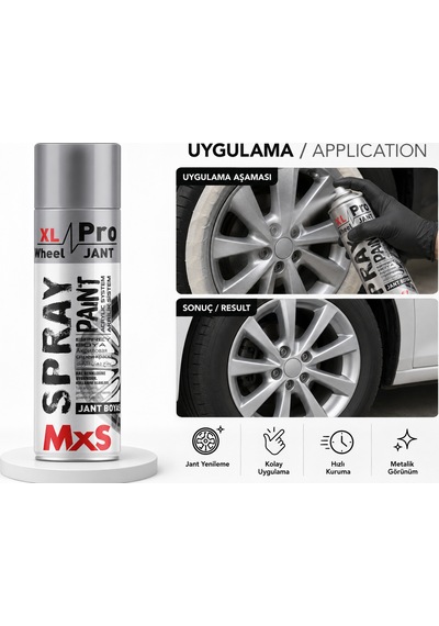 Mxs Xl Pro Gümüş Jant Boyası 500 Ml Metalik Gümüş Akrilik Sprey Boya Siyah