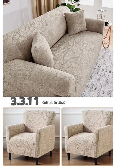 Jakarlı 3 3 1 1 Lastikli Kanepe Örtüsü Lastikli Koltuk Örtüsü Koltuk Kılıfı Takımı Vizon 180 X 230 Diğer