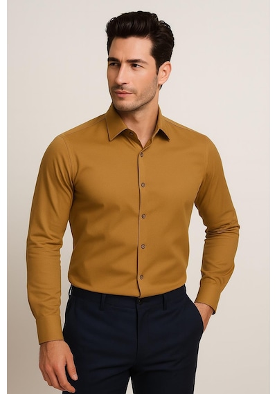Efor Slim Fit Pamuk Saten Klasik Taba Gömlek Gk 624 Taba