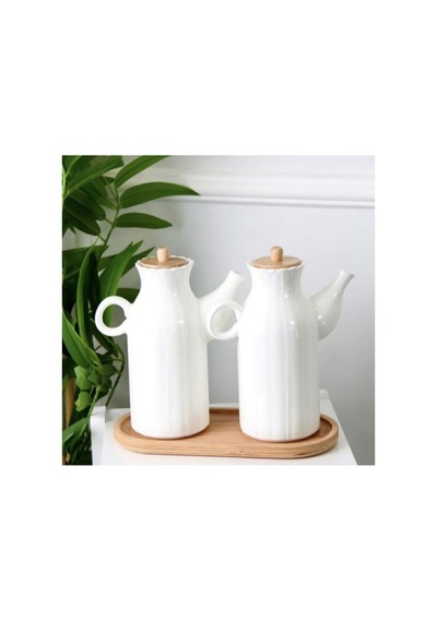 2 Adet Herbiri 1000ml Porselen Yağdanlık Ve Bambu Altlık Stand 3'lu Yağdanlık Sirkelik Set Beyaz Beyaz