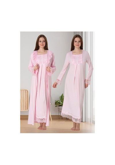 Effortt Dvina Lohusa Hamile Dantel Detaylı Sabahlık Ve Uzun Kollu Gecelik - 2'li Set - Pembe Pembe