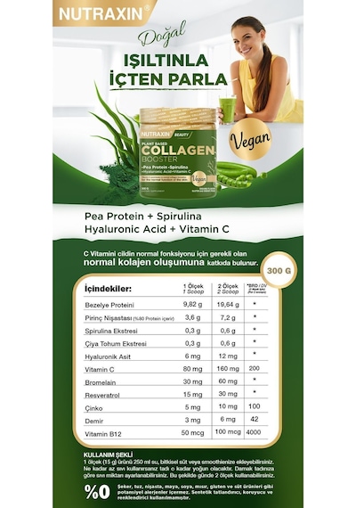 Nutraxin Vegan Protein Booster 300 Gr - Pea Protein, Spirulina, Vitamin C, Hyaluronik Asit Glutensiz