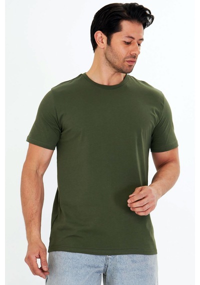 Trendhill Erkek Haki Pamuklu Bisiklet Yaka Büyük Beden T-shirt Hki5014b