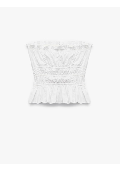 Koton Straplez Yaka Pamuklu Büzgülü Kolsuz Slim Fit Poplin Crop Bluz Beyaz 5sal30029ıw Beyaz