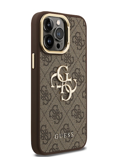 Apple Uyumlu iPhone 13 Pro Max Kılıf Guess Lisanslı Metal 4g Ve Yazı Logolu Kamera Standlı Kapak Kahve