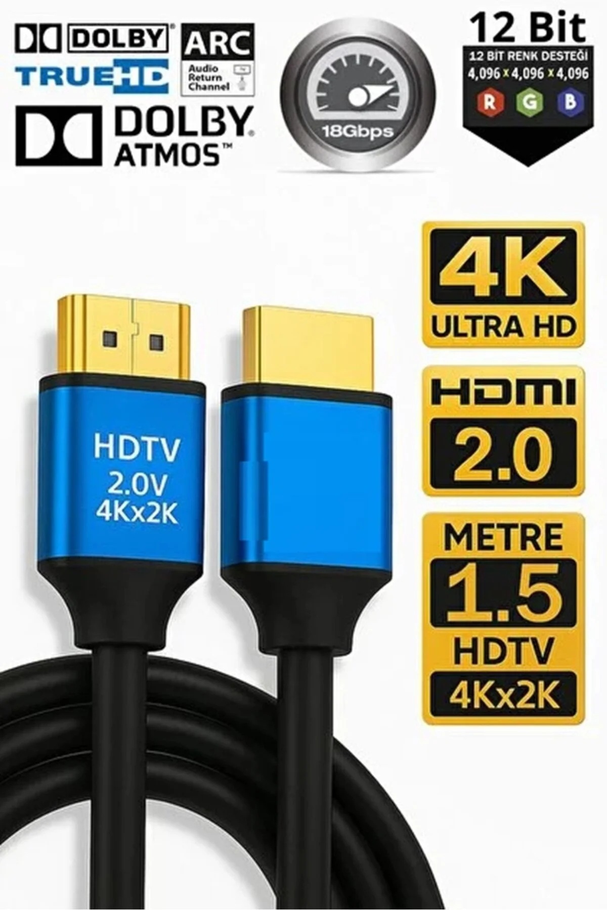 1.5 Metre 4k 30 120hz Uhd, 2160p 4k Uhd 18gbps Hdmı 2.0 Dijital Kablo Ps/tv/pc İçin Görüntü Kablosu 001