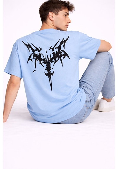 Nevermind Oversize Erkek Tişört Arkası Baskılı Streetwear Siyah Grafik Back Mavi