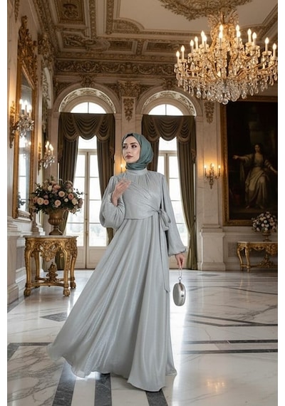 Yan Bağlamalı Simli Tesettür Abiye-mint Yeşili-5670