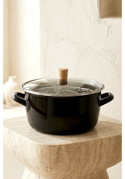 Master Pro Cook Ahşap Kulplu,paslanmaz Saplı Siyah Süzgeçli Emaye Kızartma Tenceresi 22 Cm Siyah