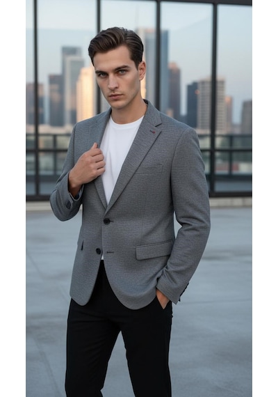 Plus Scorpion Erkek Esnek Kumaş Slim Fit Blazer Ceket Günlük & Ofis Şıklığı Füme