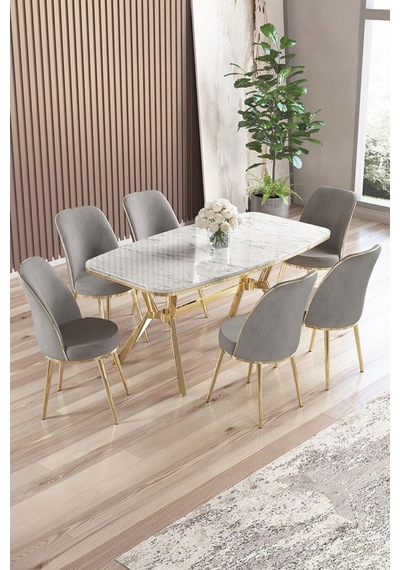 Canisa Lena Serisi 90x160 Lak Panel Beyaz Mermer Desen Gold Kaplama Ayaklı Masa Takımı Ve 6 Gri Sandalye Beyaz Canisa Lena Serisi 90x160 Lak Panel Beyaz Mermer Desen Gold Kaplama Ayaklı Masa Takımı Ve 6 Gri Sandalye Beyaz