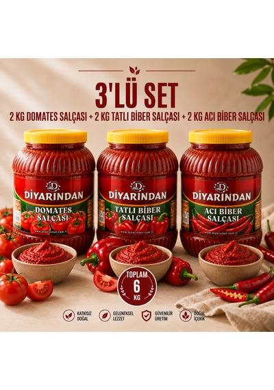 Diyarından 3'lü Avantajlı Salça Paketi 2 Kg Domates Salçası +2 Kg Tatlı Biber Salçası +2 Kg Acı Biber Salçası 6 Kg