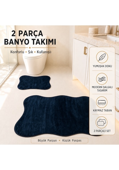 2 Li Banyo Paspası Halısı Seti Kaymaz Tabanlı Yıkanabilir Klozet Takımı Lacivert