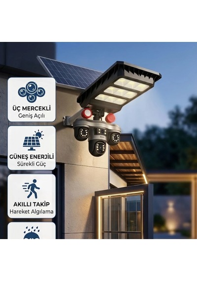 3 Lensli Solar Dış Mekan Güvenlik Kamerası Akıllı Hareket Takip Özellikli