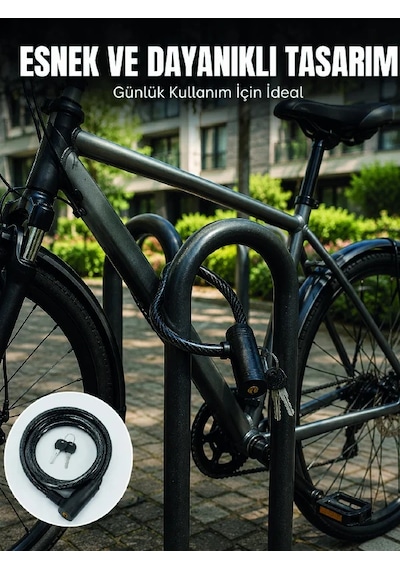 Bisiklet Kilidi 12 Mm Kalın Çelik Halat 80 Cm Anahtarlı Güvenlik Kilidi 2 Anahtarlı Pvc Kaplamalı Siyah