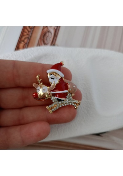 Lente Aksesuar Kristal Taşlı Geyikli Noel Baba Broş- Reng Geyikli Noel Baba Yaka İğnesi Çok Renkli