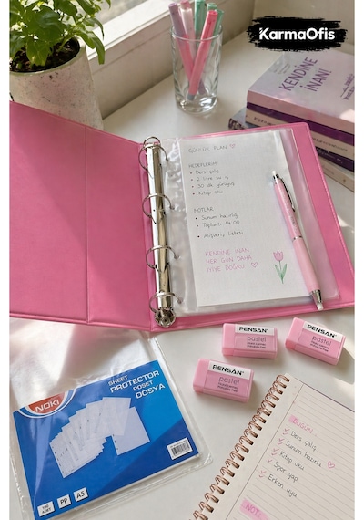 Pastel Pembe Seri A5 Planlayıcı Ve Yazım Seti 4 Halkalı Klasör, Versatil Kalem, Silgi Ve Şeffaf Dosya Pembe